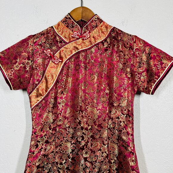 Silk Blend Asian Style Sheath Dress Red Gold - S - Picture 6 of 7
